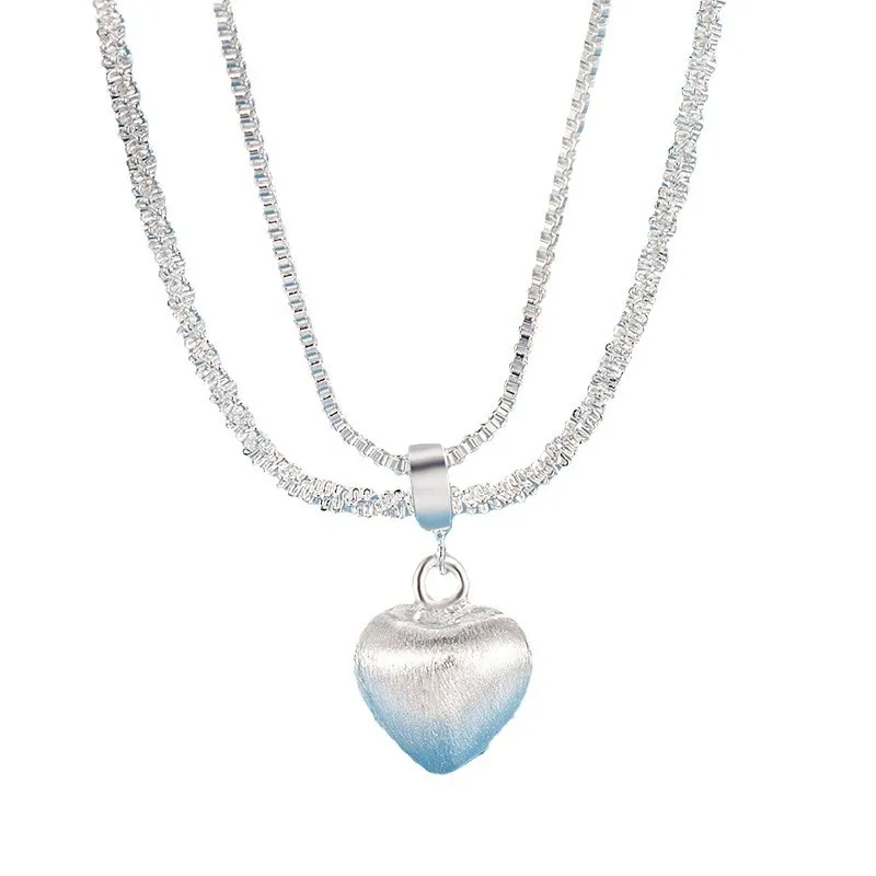Korean 925 Sterling Silver Double Layer Heart Pendant Choker Necklace for Women Girls Female Retro Luxury Wedding Party Jewelry