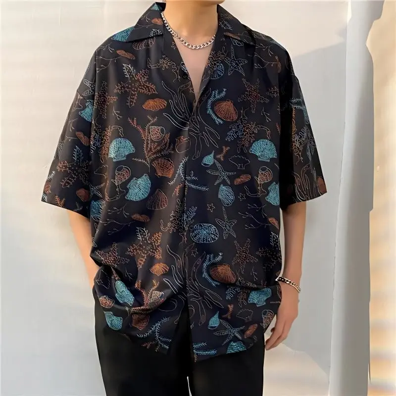 

Men Trendy Vintage Print High Street Oversize Short Sleeve Button Down Shirt 2024 Summer Y2K Casual Hawaiian Vacation Beach Tops