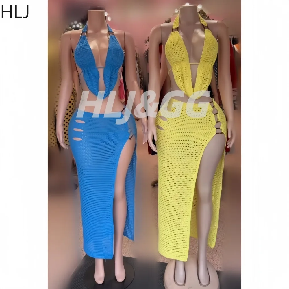 

HLJ Summer New Sexy Women Crochet 2 Piece Set Halter Backless Crop Top + High Slit Maxi Skirt Beach Cover Up Beachwear Vestidos
