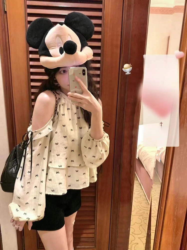 

Женский летний свободный топ PtonUmi f Sugar Sweet Bean с открытыми плечами, с принтом в виде узлов, с длинными рукавами, в стиле оверсайз