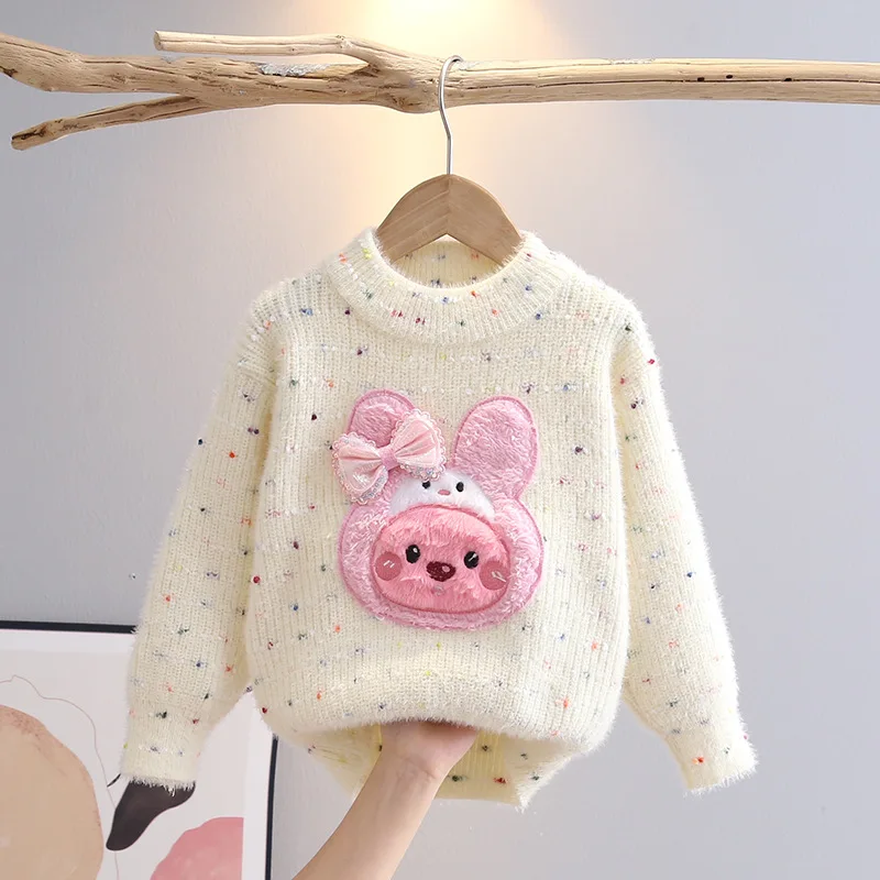 Colorful Crochet Yarn Baby Girl Sweaters Autumn Winter Furry Rabbit Pattern Children Clothes 2024 Bow-tie Girls Pullover HY08171