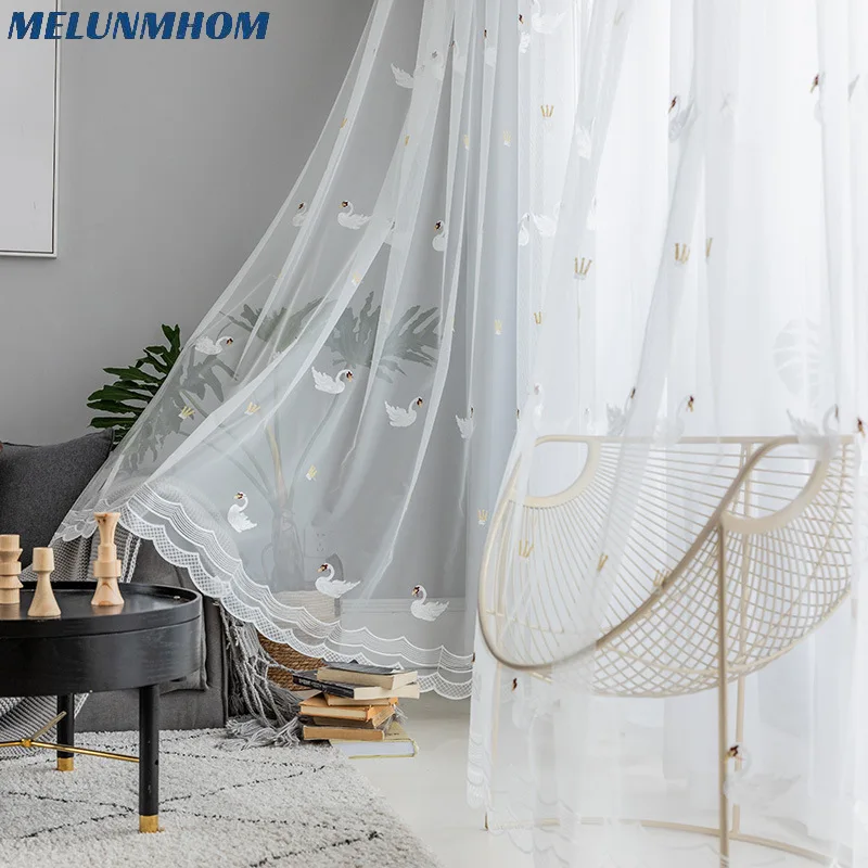 Pastoral Mesh Fabric Goose Embroidered Tulle Curtains for Bedroom Living Room Simple White Sheer Window Screens Kitchen Custom