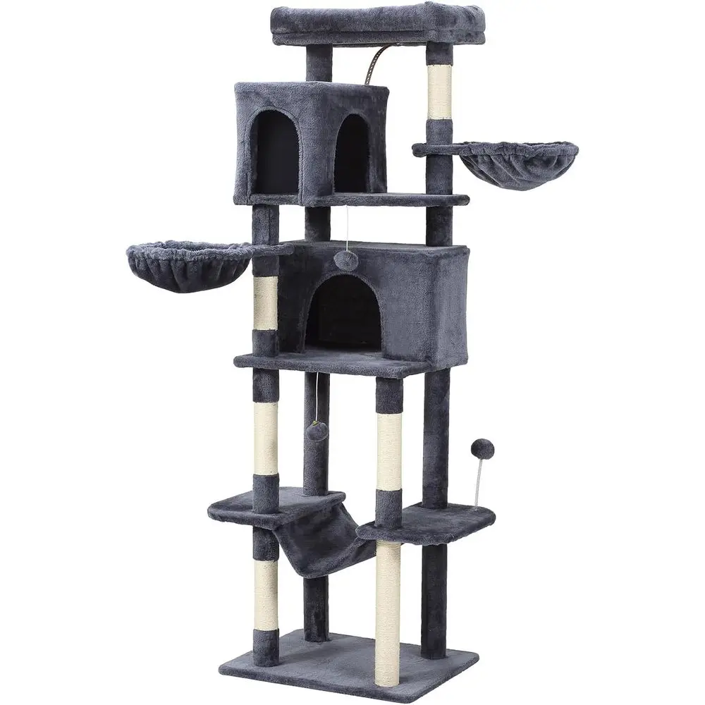 

70-Inch Large Cat Tree Tower with Hammock, Scratching Post, Condo, and Multi-Level Playhouse for Cats, Gray