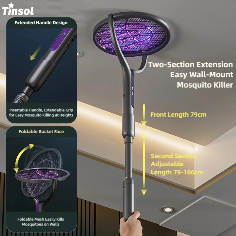 Raquette électrique anti-moustiques TINSOL à tête télescopique rotative, rechargeable, pour intérieur/extérieur