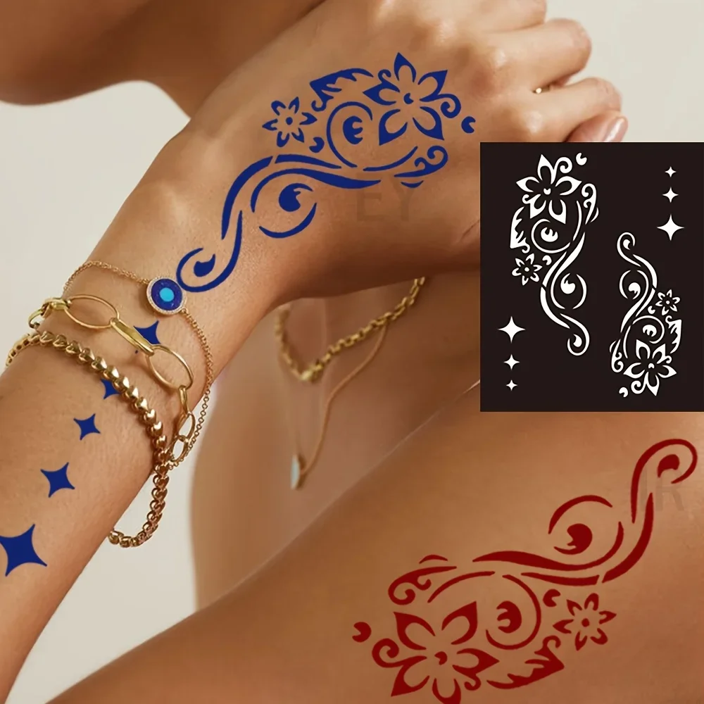 Henna-Tattoo-Schablonen-Set Selbstklebende Handvorlagen Wiederverwendbare Temporäre Tattoo-Körperkunst DIY-Design-Kit für Hochzeit und Party – Detail 6