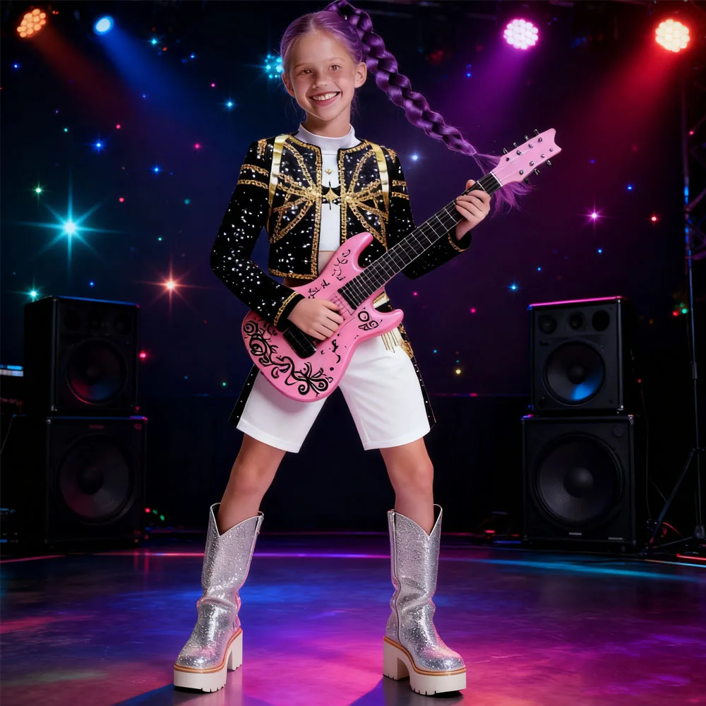 Fantasia de cantor pop, conjunto de quatro peças incluindo uma jaqueta, um forro, um par de shorts, uma guitarra inflável, festa de Halloween