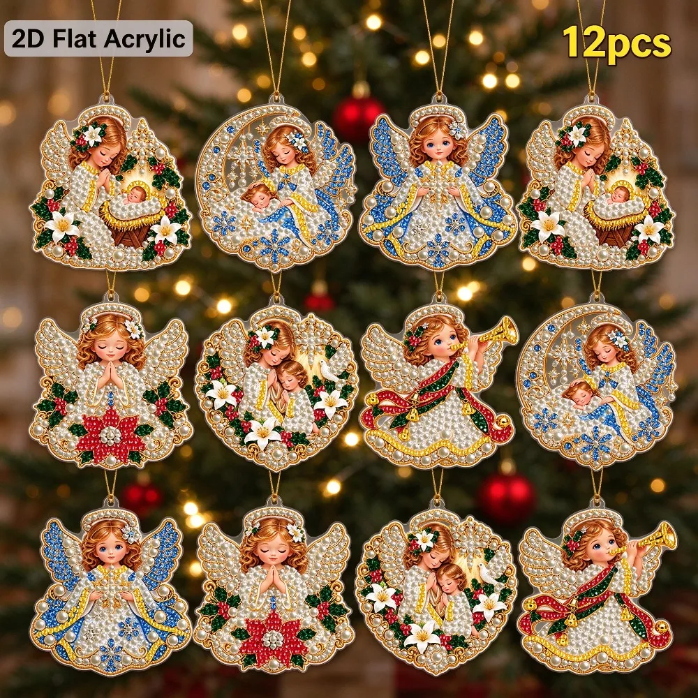 2D Flat 12pcs Christmas Pearl Diamond Art Painting Pendant Kits, Acrylic DIY Diamond Art Window Hanger, Religious Nativity