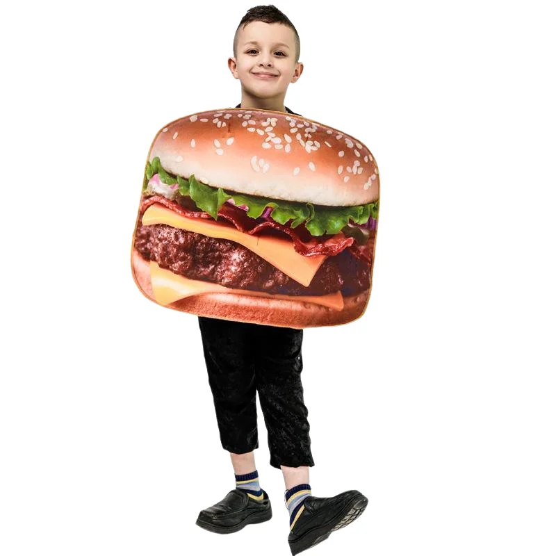 Comida Hambúrguer Cosplay Traje para Menino, Roupas Engraçadas, Carnaval de Halloween, Festa de Férias, Impressão Digital Estágio Traje