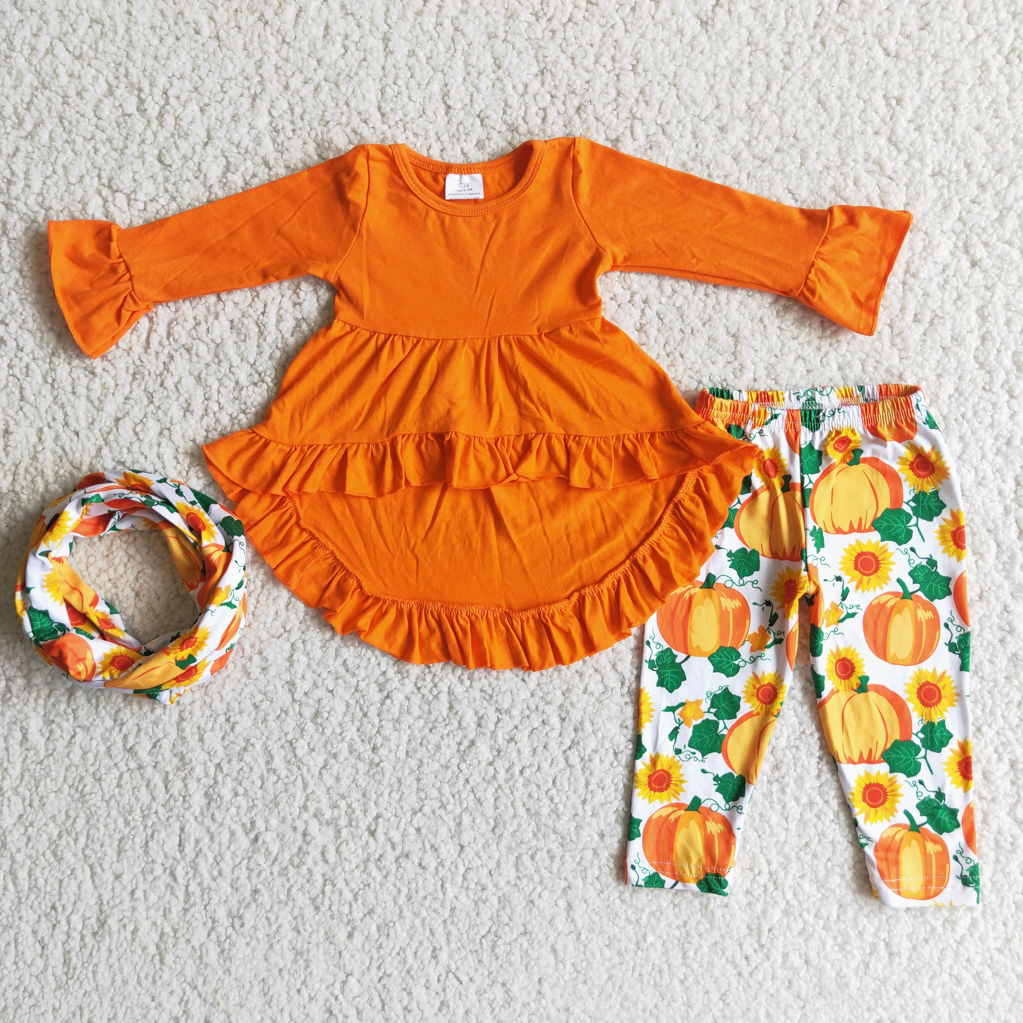 

H​ot Selling RTS 3PCS Kids Orange Apparels With Scarf Girls Pumpkin Clothes Sets Children Fall Outfits