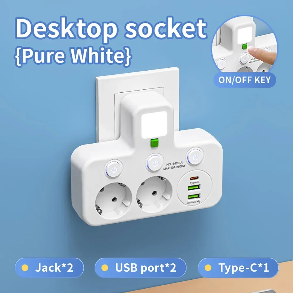 EU-stekker en stopcontact 4 stopcontacten, multi-stekker stopcontact en stopcontact zonder verlengkabel of USB- en Type-C-poort