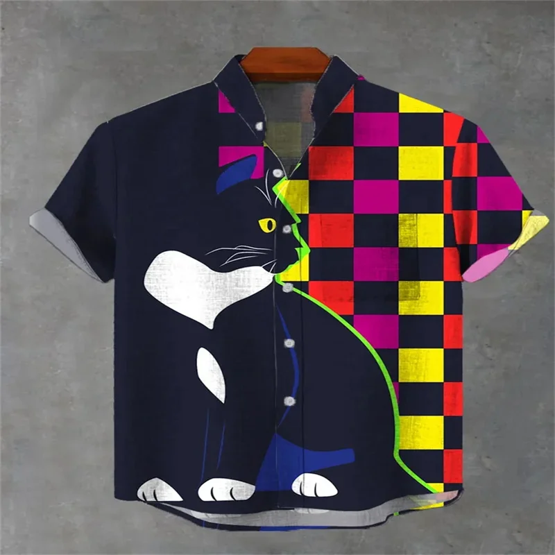 2025 Men's Casual Printed Cat Art Cat Shirt Black Cat Beach Drinking Beverage Printed Shirt