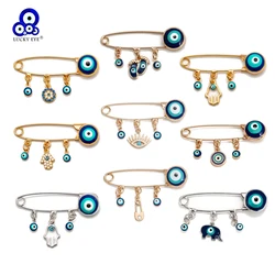 Lucky Eye Drop Oil Blue Turkish Evil Eye Safety Pin Fatima Hamsa Hand Round Charm Brooch Pin for Women Men Fashion Jewelry