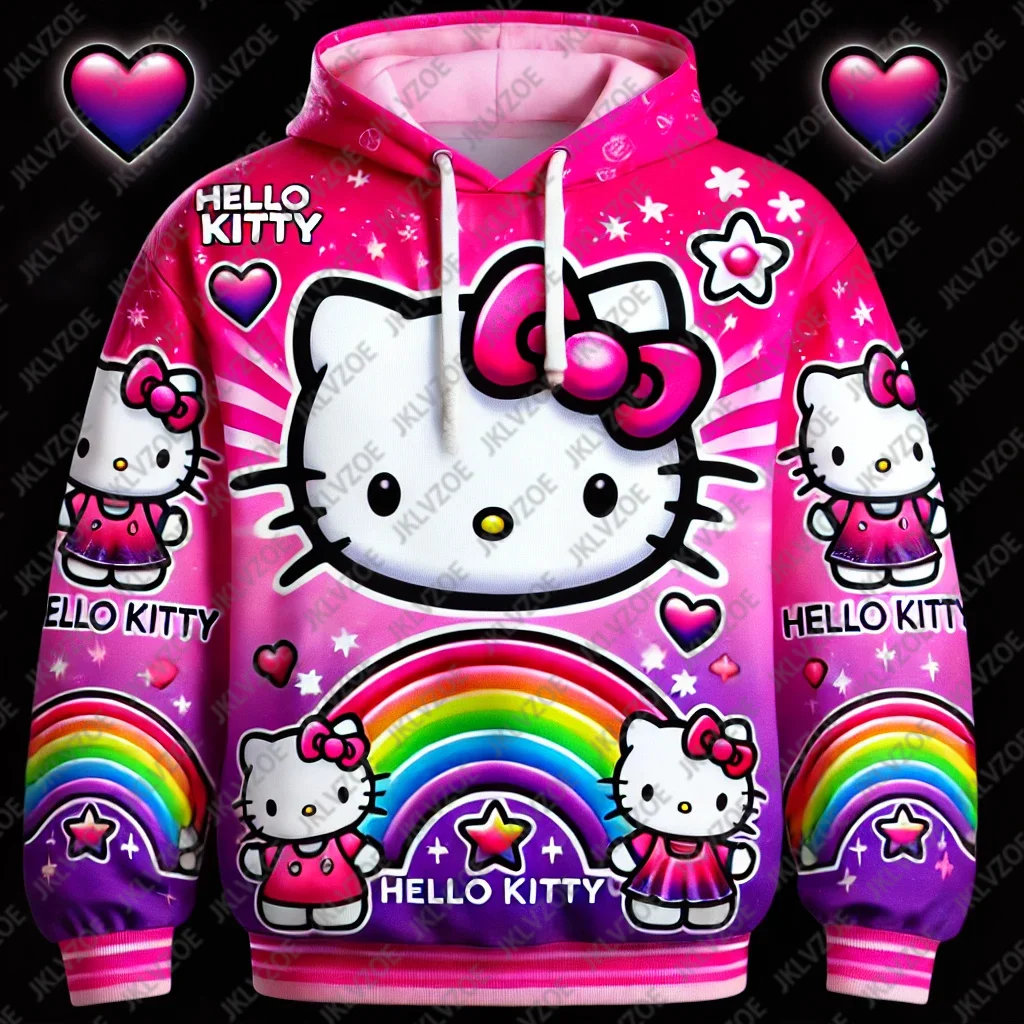 MINISO Boy Girl Sanrio Hello Kitty Hooded Sport Pullover Fashion Autumn 3D Print Sweatshirt Harajuku Women Men Oversized Hoodies