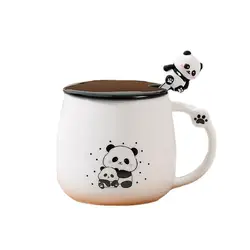 Funny Panda Mug, Panda Coffe Mugs with Lid & Spoon,Cute Panda Ceramic Coffee Mug, Kawaii Panda Cup Gifts for Girls Women Men Kid