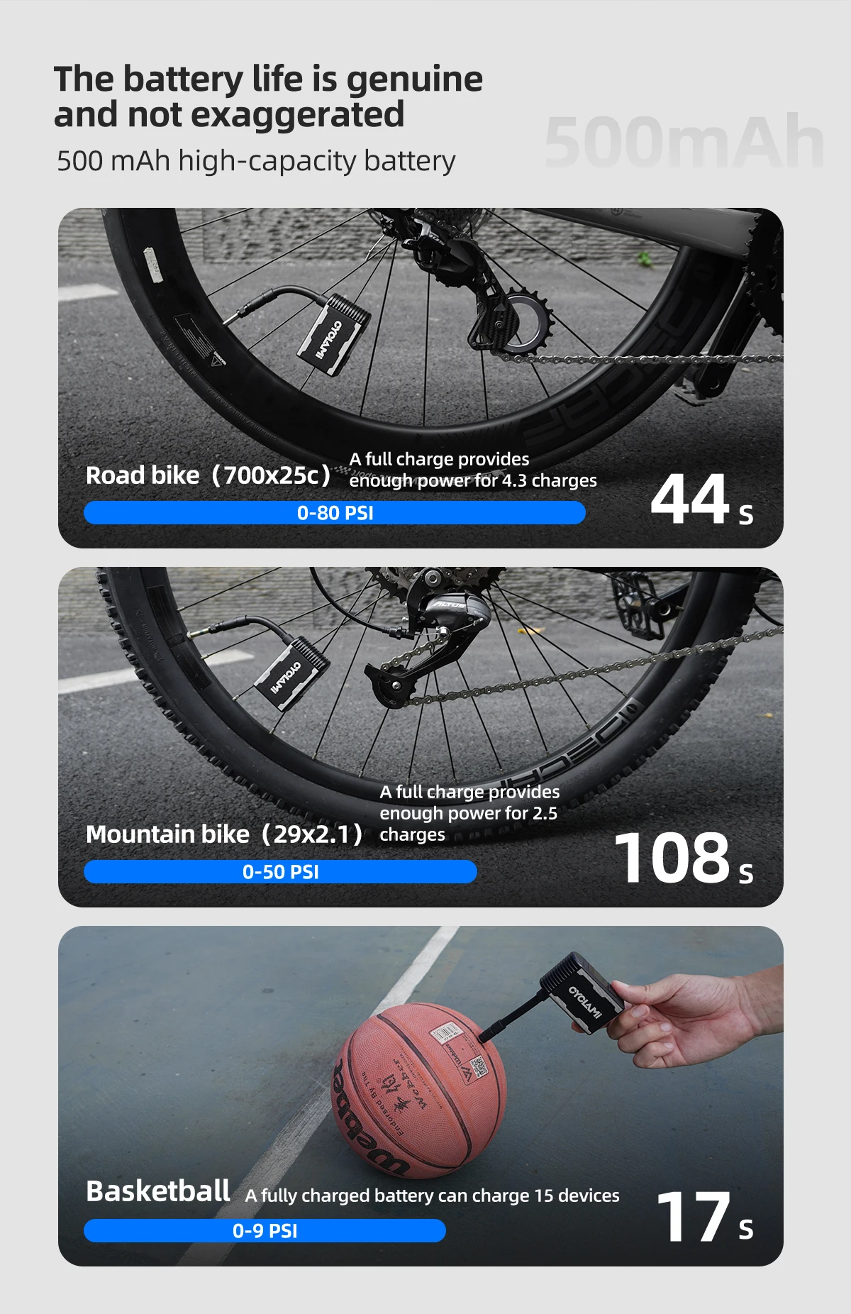 CYCLAMI A2S Tragbare Elektrische Fahrradpumpe aus Aluminiumlegierung, 120 PSI, 500 mAh, Mini-Schnellkompressor für Rennrad, MTB, Schrader- und Presta-Reifen – Detail 9