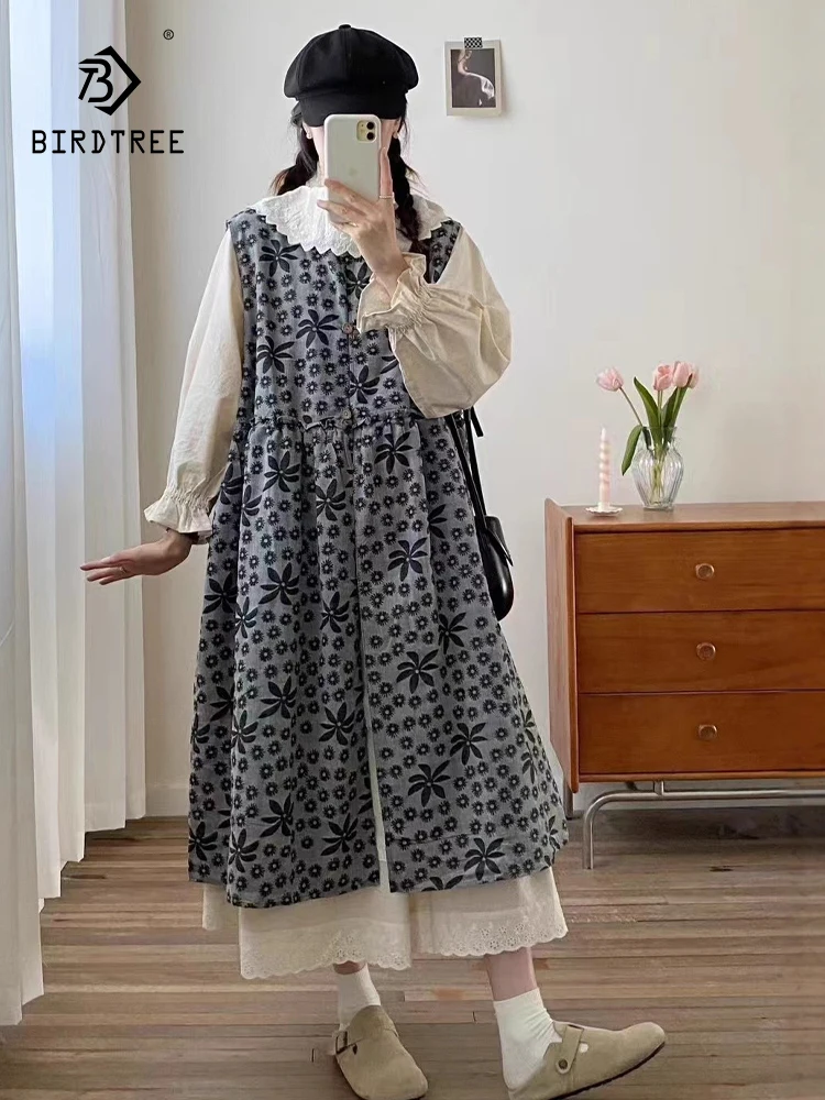 Nuevos vestidos de chaleco de algodón de invierno 2025, vestido suelto INS de estilo japonés Retro de chica Mori con botones estampados y cuello redondo para mujer D5N794CC