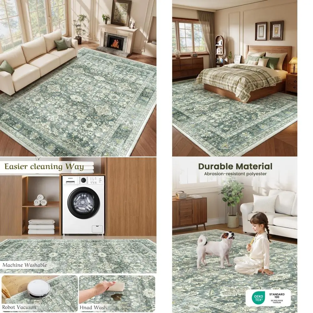 

Vintage Floral Print Area Rug, 6'x9' Machine Washable Rug for Living Room and Bedroom with Non-Slip Backing