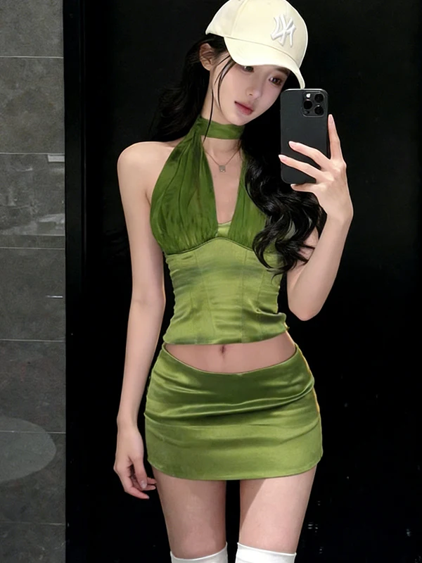 

Sexy Green Backless Top And Skirt Set Women's Summer Fashion Slimming High Waist Pear Shape Warmth Function No Sleeve Vest