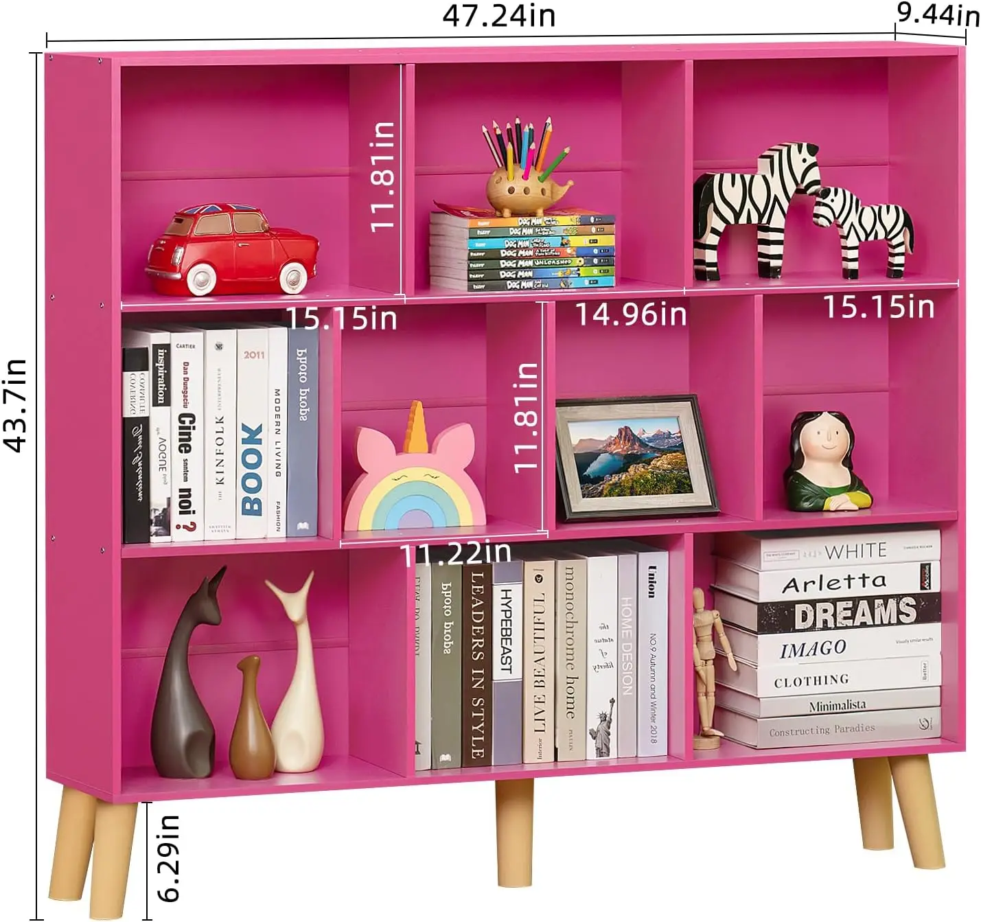 رف كتب مكون من 10 مكعبات، خزانة كتب وردية حديثة مكونة من 3 طبقات مع أرجل، رف تخزين واسع لغرفة النوم وغرفة المعيشة والمكتب والمنزل الدافئ