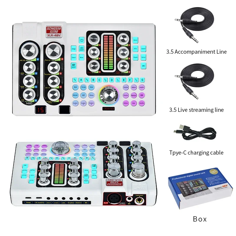 SX98 كارت الصوت النسخة الإنجليزية الأبيض 48 فولت كارت الصوت جهاز الهاتف الكمبيوتر مجموعة K أغنية المهنية كارت الصوت تسجيل الاستوديو
