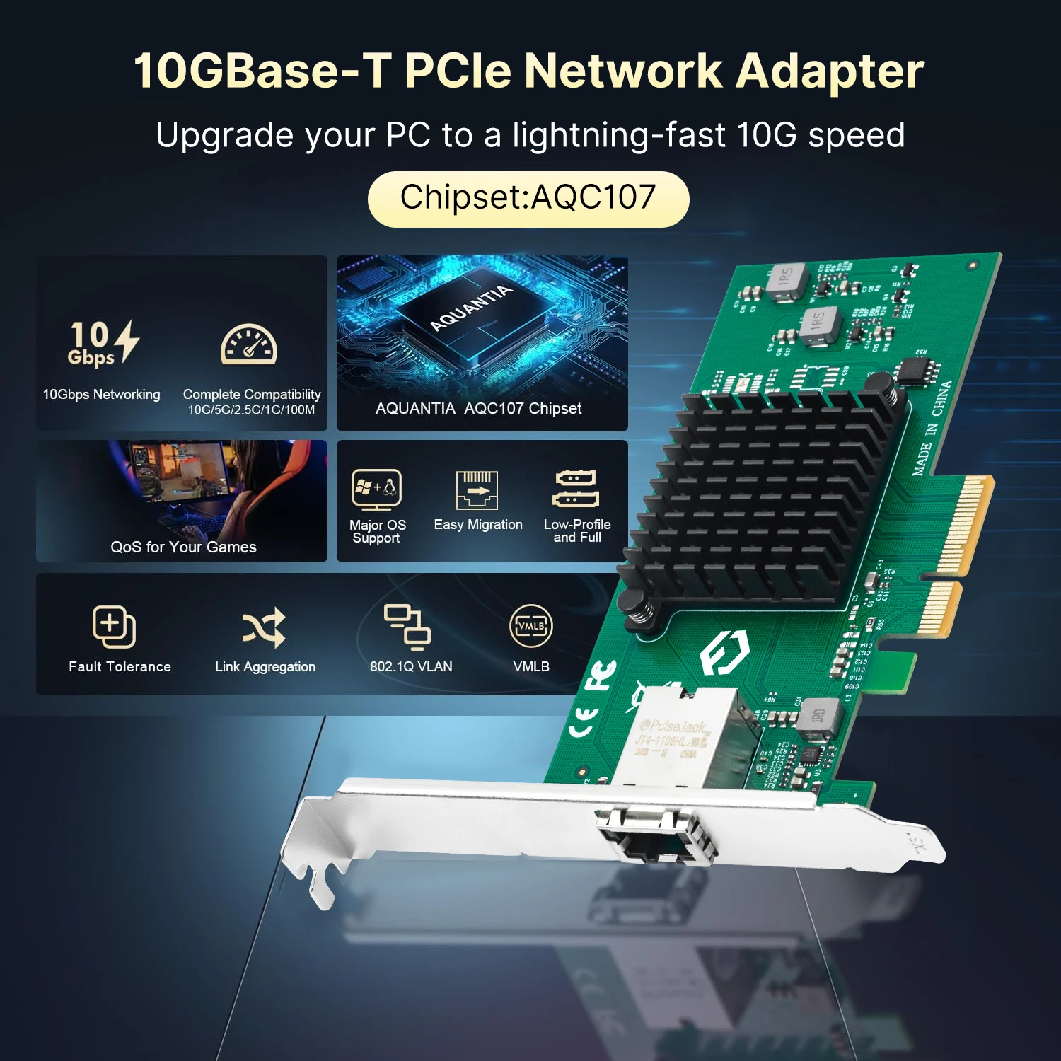 การ์ดเครือข่าย 10G ชิป AQC107 10Gbps RJ45 PCIe การ์ด 3.0 x4 10G/5G/2.5G/1G/100M อะแดปเตอร์อีเธอร์เน็ตหลายความเร็ว 5 ระดับสำหรับเซิร์ฟเวอร์/พีซี