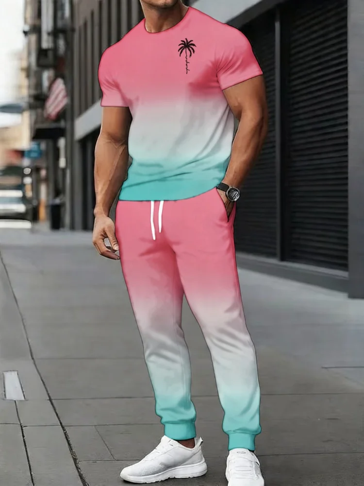 Conjuntos de Pantalones de 2 Piezas Americanos para Hombre, Camisetas con Estampado Degradado para Vacaciones, Pantalones Largos con Cintura Elástica, Trajes Deportivos de Verano 2026