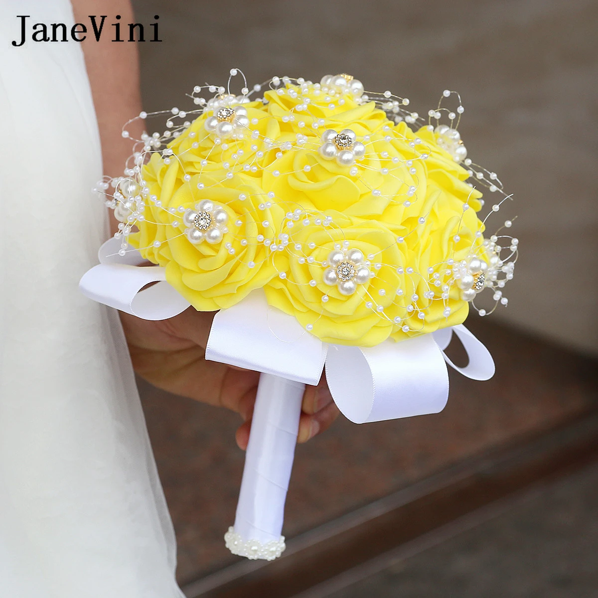 JaneVini Elegant Yellow Foam Rose Bridal Hand Bouquet Luxury Pearl Rhinestone Wedding Flower Bridesmaid Party Holding Bouquet