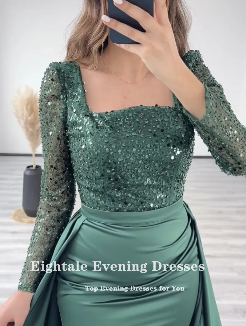 Eightale Dark Green Evening Dresses Mermaid Long Sleeves Sequined Customized Prom Gown with Detachable Skirt Party Abendkleider