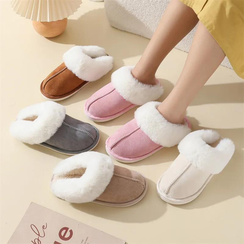 

Women's Slippers Non-slip Warm Slippers Winter Muntjac Fleece Fur Cotton Slippers Home Indoor Thick Bottom
