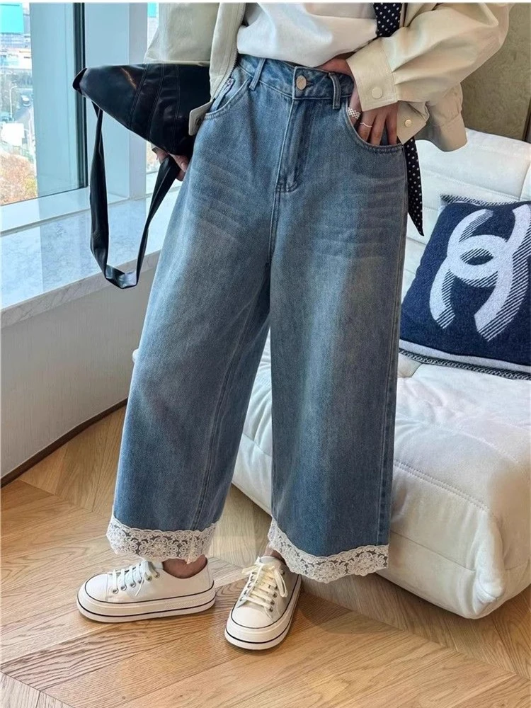 

Women's Ankle-length Jeans Summer Young Girl Lace Patchwork Wide Leg Denim Cropped Trousers Female High Waist Capris Pants