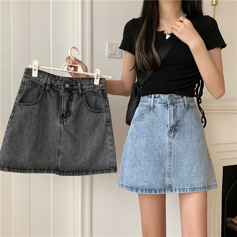 

High Waist A-Line Skirt Casual Versatile Denim Women's Summer plus Size Slimming ort Skirt Light Blue Cotton Blend