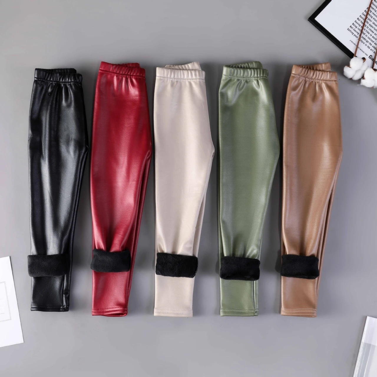 Winter Autumn Faux Leather Thicked Kids Pants Candy Color Slim Warm Children\'s Girl Leggings