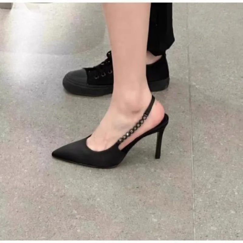 

Women Crystal High Heels Slingback Pointy Toe Silver Pumps Fashion Luxury Brands Thin Heel Sandals Metallic Party Casual Shoes