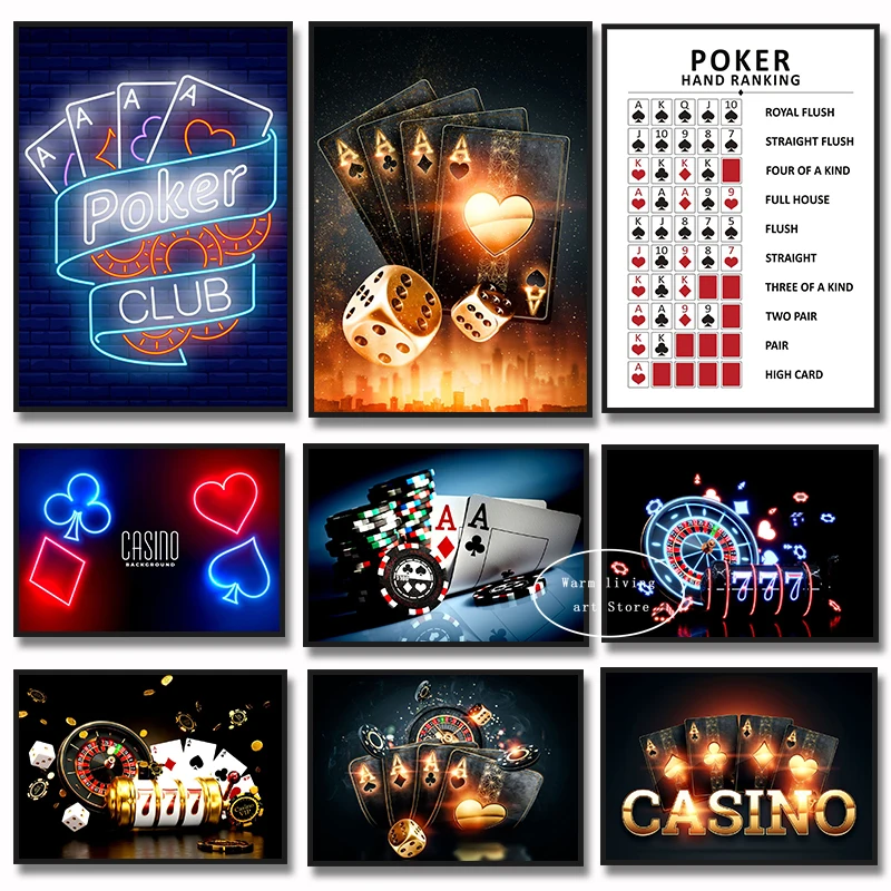 Vintage Casino Royale Poker Gambling Posters Canvas Painting Neon Effect Poker Night Dice Poker Wall Picture Bar Club Home Decor