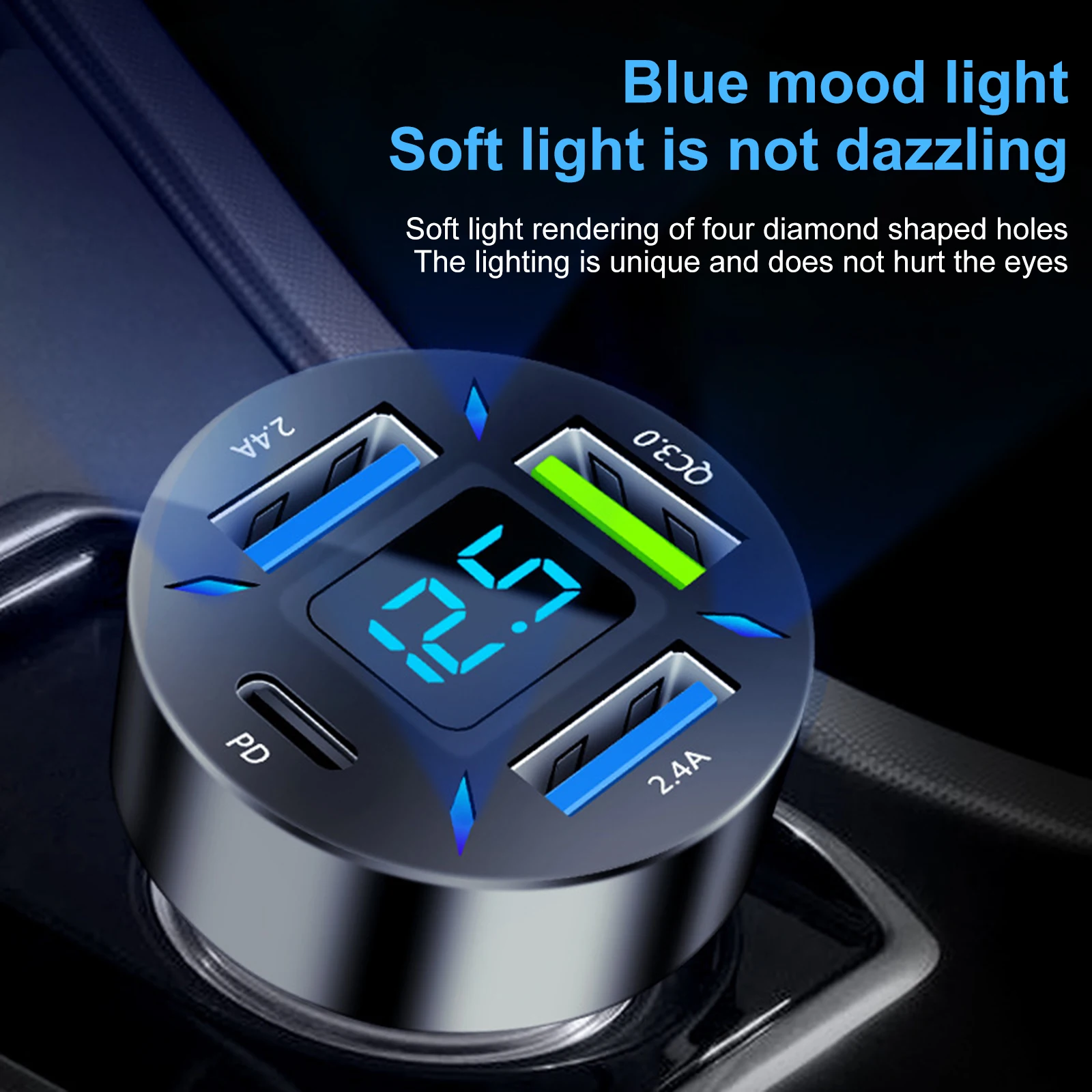 12V-24V USB Car Charger Socket 4 Ports 66W PD QC3.0 Car Charger Digital Display Ultra Fast Phone Charge Power Adapter Outlet
