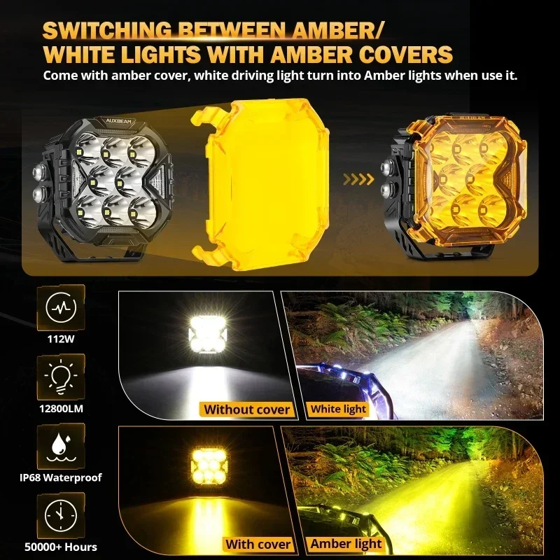 AUXBEAM 4 Inch 112W LED Cube Driving Light with Harness for Truck Pickup Offroad (Spot/Flood/Combo Beam)