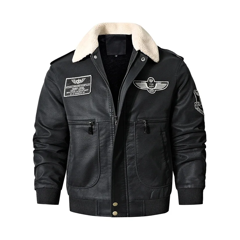 Herren Winter warme Flug Bomber Jacke Fleece gefüttert dicken thermischen Motorrad Mantel Kunstleder Biker Oberbekleidung große Größe XL-8XL