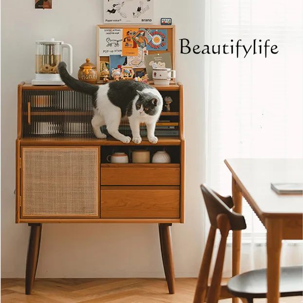 Nordic solid wood dining side cabinet, locker, simple small apartment, household TV storage, high-foot rattan cabinet