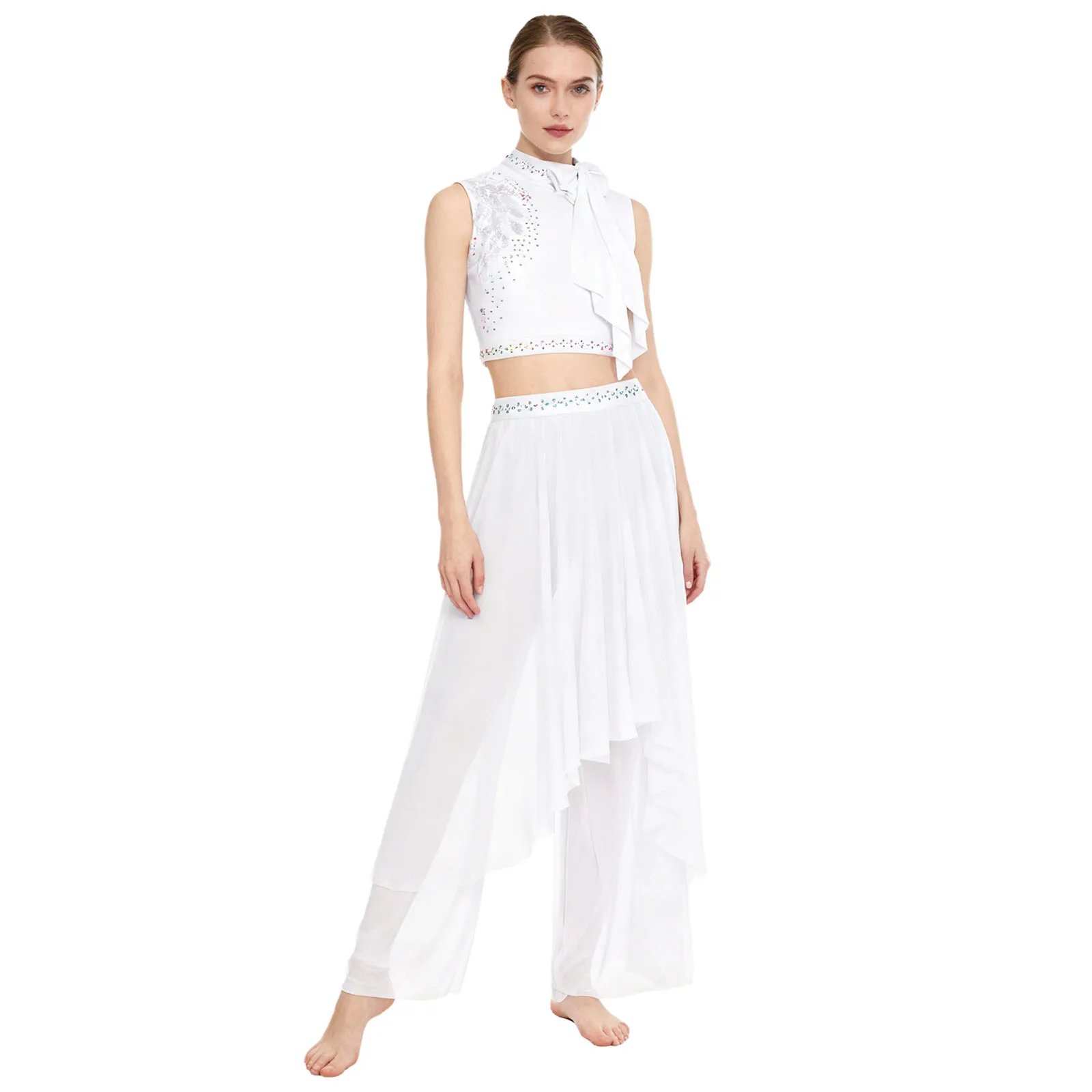 Abito da ballo lirico da donna Top corto senza maniche con ricamo con paillettes e pantaloni a gamba larga in rete Pattinaggio di danza classica Abbigliamento da ballo contemporaneo