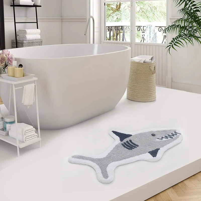 VIKAMA Cute Cartoon Shark Wool-like Fluffy Bath Mat Water Absorbent Non Slip Easy Clean Entryway Doormat Home Decor