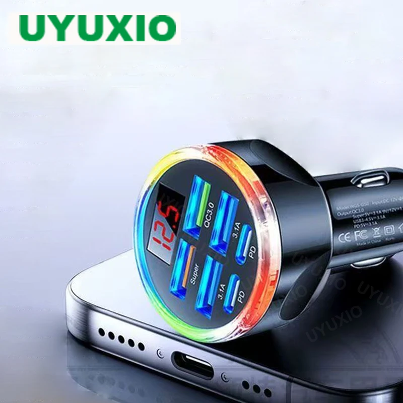 

UYUXIO USB C Car Charger Adapter Multi Port with Volt Meter Super Fast Charge with Voltage Display for Macbook Samsung iPhone