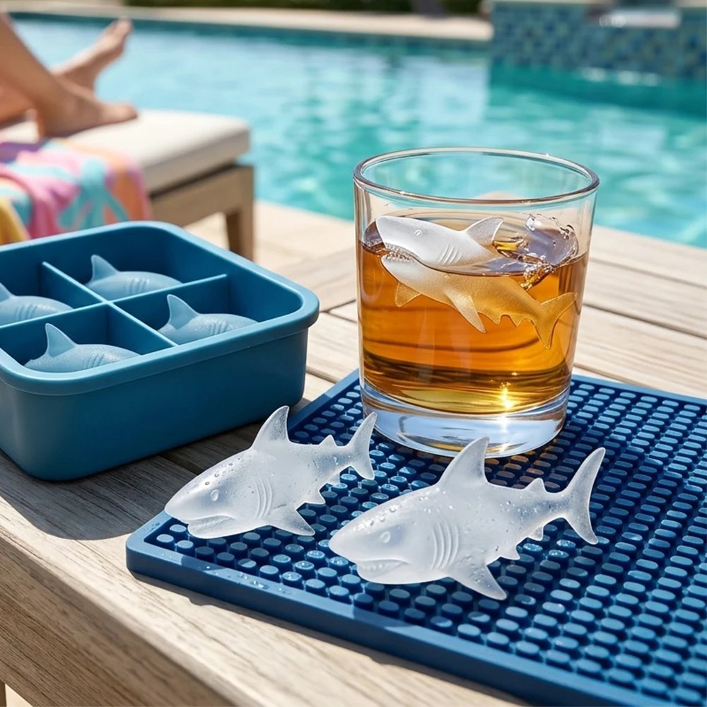 Molde de silicona 3D de tiburón para cubitos de hielo, bandeja de 4 cavidades para whisky, molde de silicona de fácil desmolde para cocina, molde para helados, fiestas y bares.