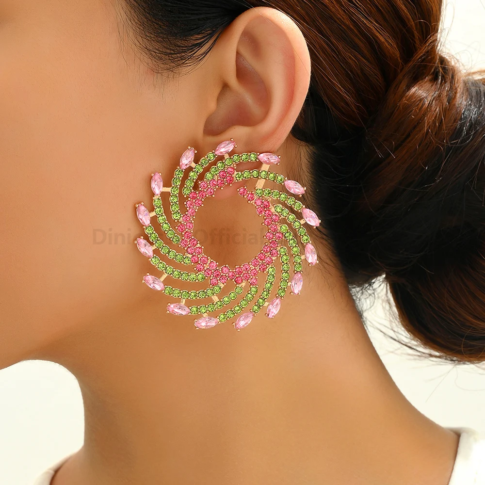 Fashion Sun Flower Round Crystal Big Stud Earrings For Women Trend Luxury Unusual Prom Party Charm Jewelry Ear Accessories Gift