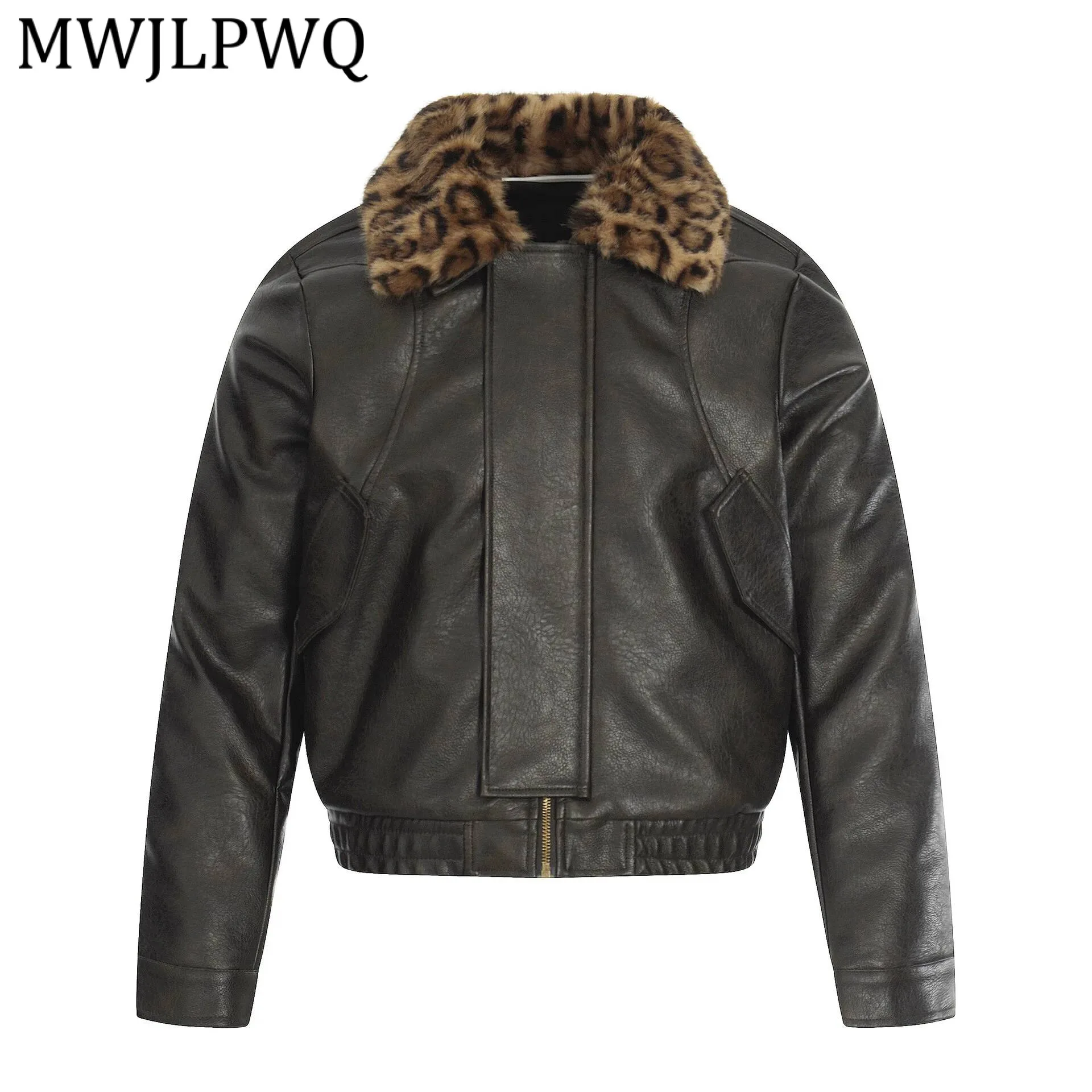 

MWJLPWQ Men's Retro Fur Collar Leather Jacket High Street Structrue Long Sleeve Lapel Warm American Casual Cotton Coat 22020