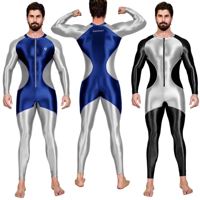 

AMORESY Centurion Color-block Sport running cycling Tight-fitting Men long-sleeved Jumpsuit Spandex Swimsuit Swimwear