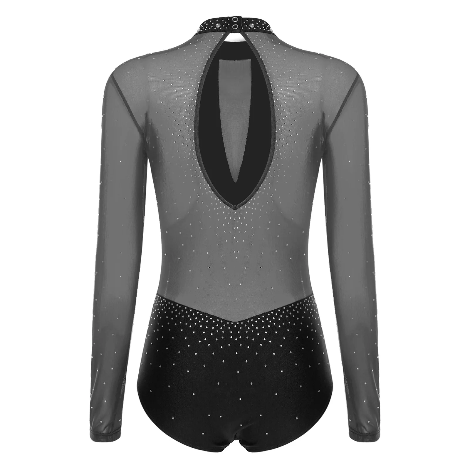 إمرأة لامع الجمباز الشكل التزلج يوتار كم طويل الظهر الجوف خارج شبكة مرصعة بأحجار الراين ارتداءها الباليه ملابس الرقص الرياضية