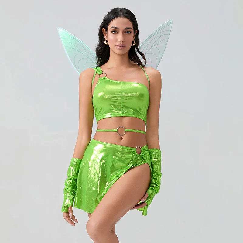 New Women Halloween Fairy Costume Deluxe Tank Tops Panty Skirt Arm Sleeves With Fairy Wings Cosplay Party Outfits S M L