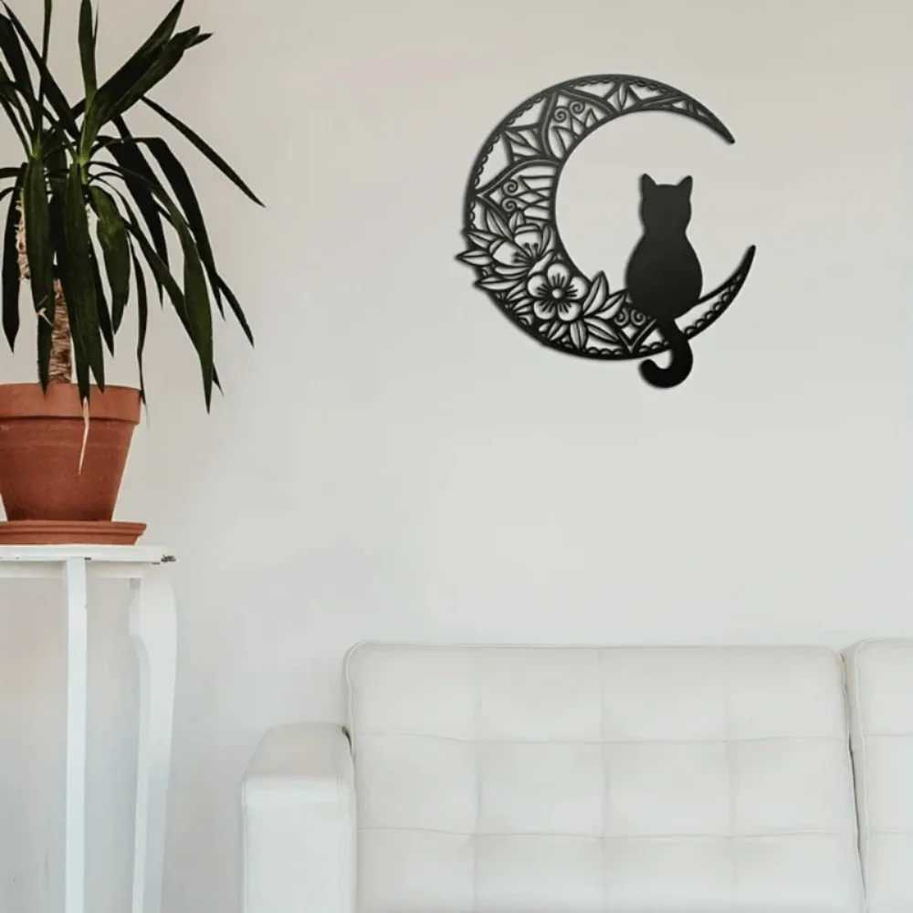 Whimsical Black Cat On Moon Metal Wall Sculpture Elegant Home Decor Gift for Cat Lovers
