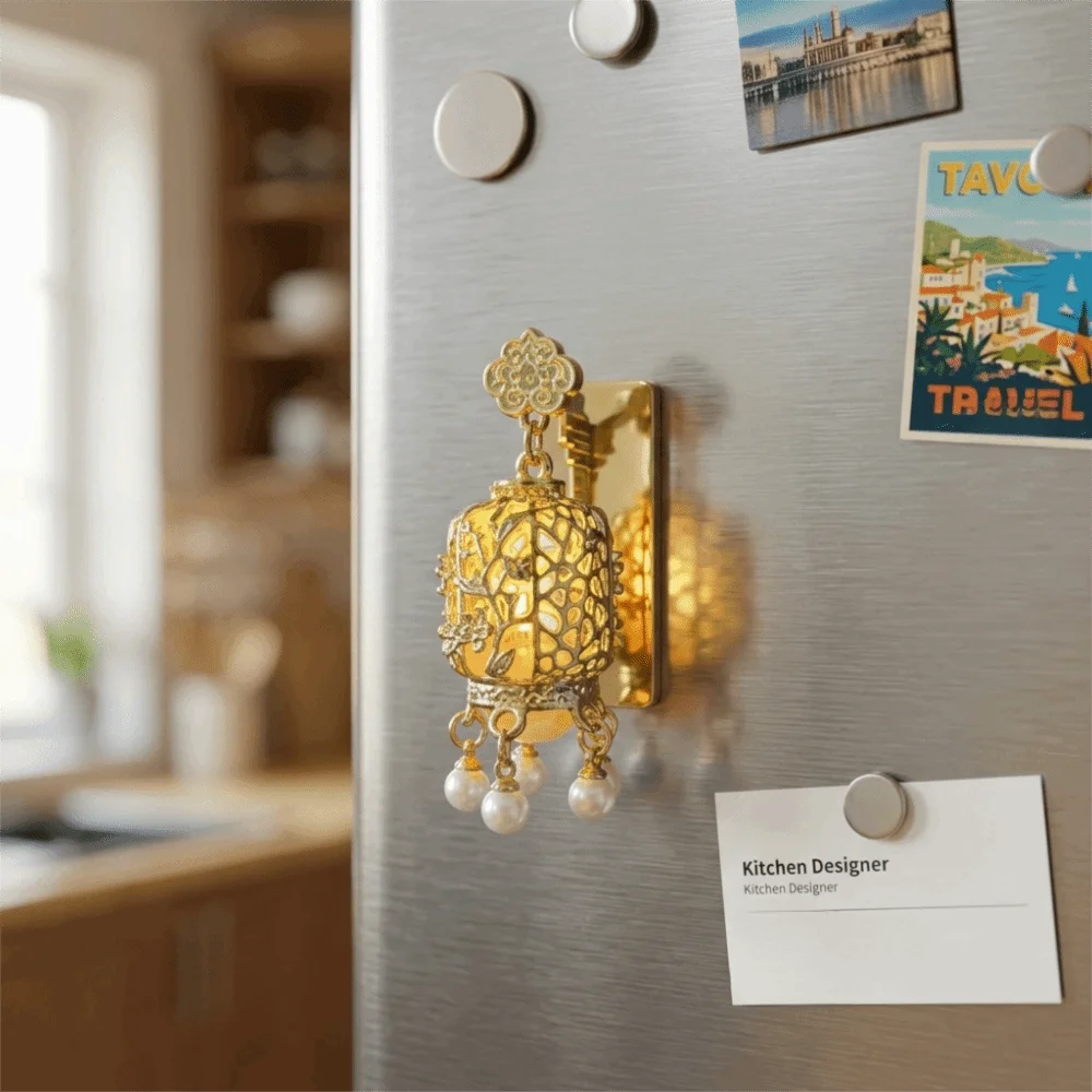 3D Glowing Lantern Fridge Magnet Openwork Design Retro Hanging Lantern Refrigerator Magnet with Faux Pearls Gold
