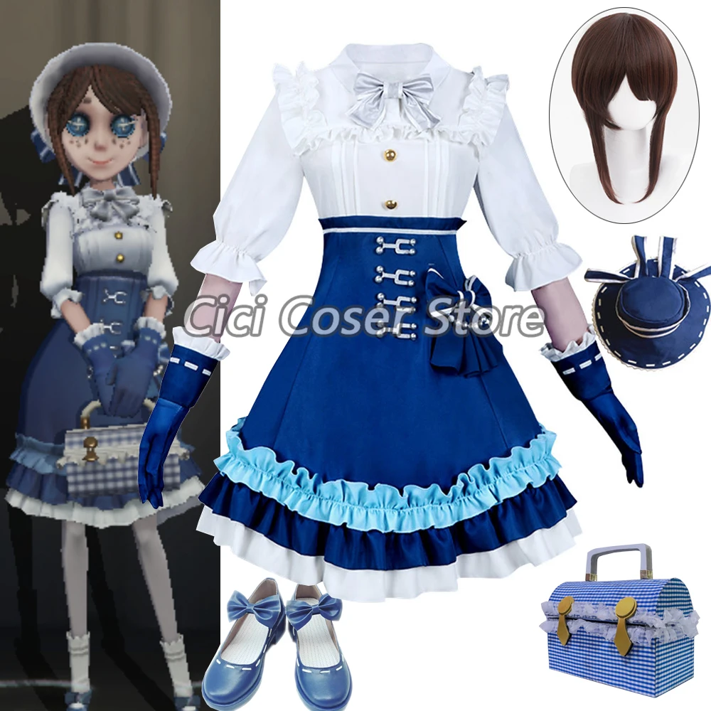 Vestido Lolita Anime com Chapéu Azul e Luvas, Fantasia de Cosplay, Identidade V, Jardim, Emma, Bosques, Doce, Roupas de Halloween, Peruca, Sapatos